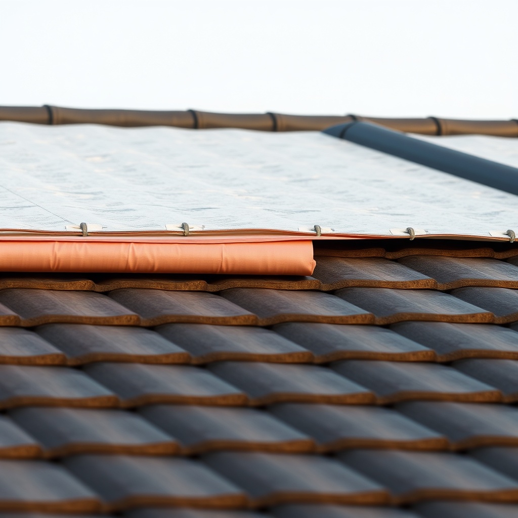 <clean photorealistic photo of a roof with İzocam Camyünü insulation rolls being unrolled