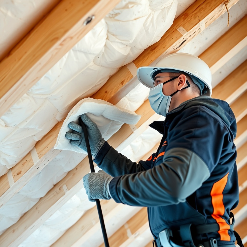 <clean photorealistic photo of a professional installer applying İzocam Camyünü batt insul