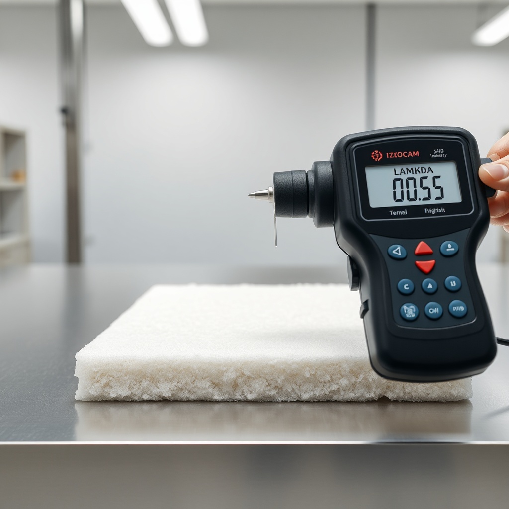 A clean photorealistic photo of a glossy white Izocam cam wool insulation board being test