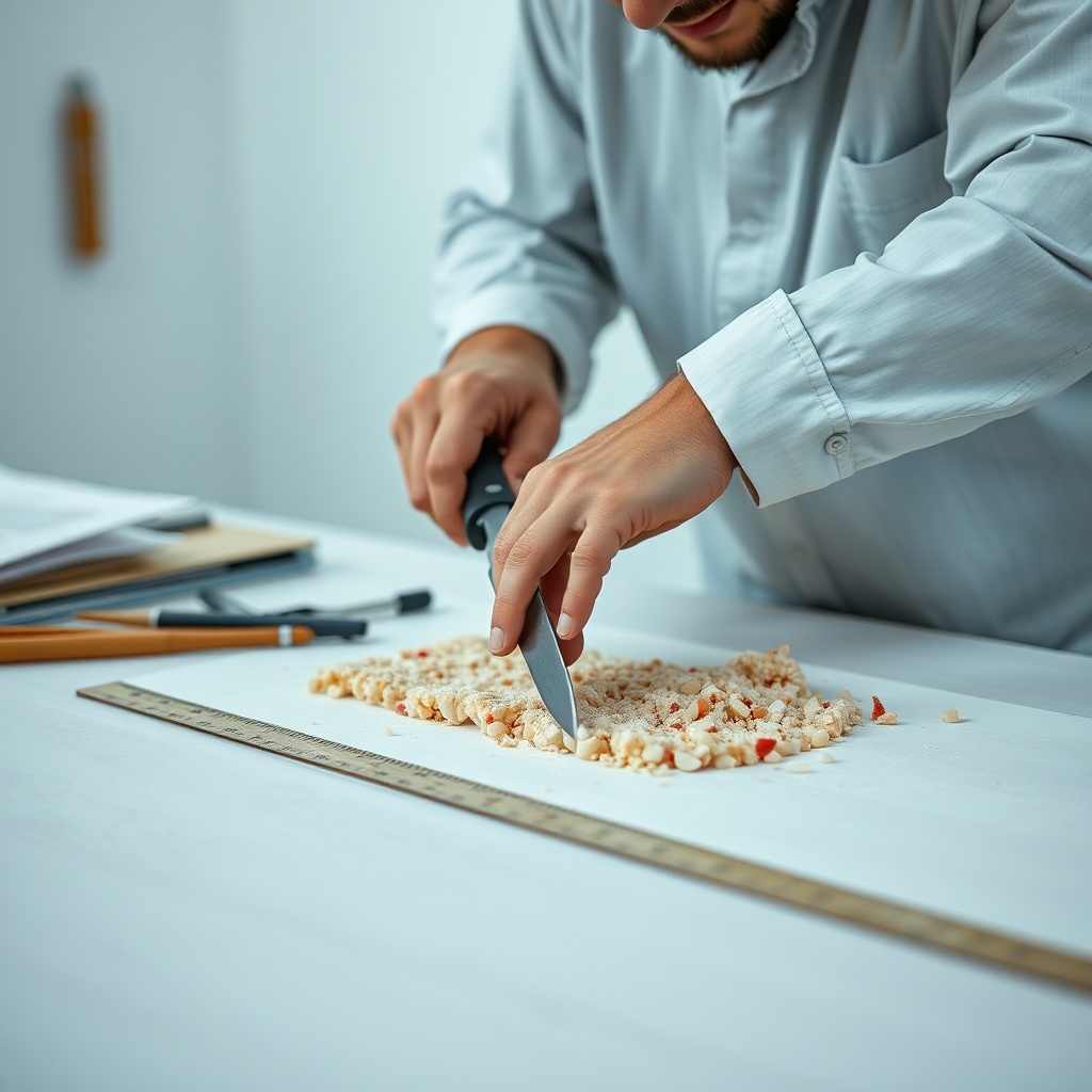 <clean photorealistic photo of a worker measuring and cutting İzocam Camyünü levhası on a