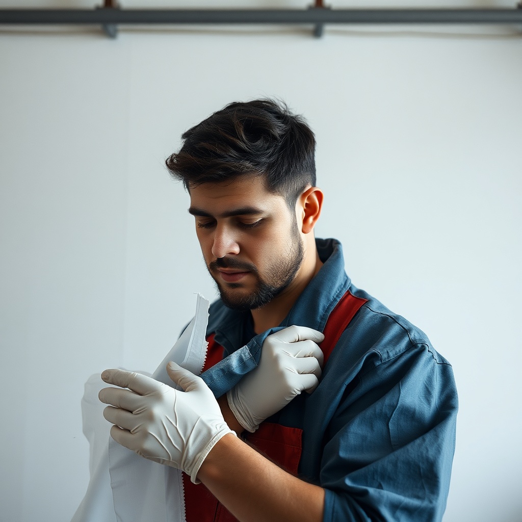 <clean photorealistic photo of a worker repairing a torn İzocam Camyünü levhası with speci