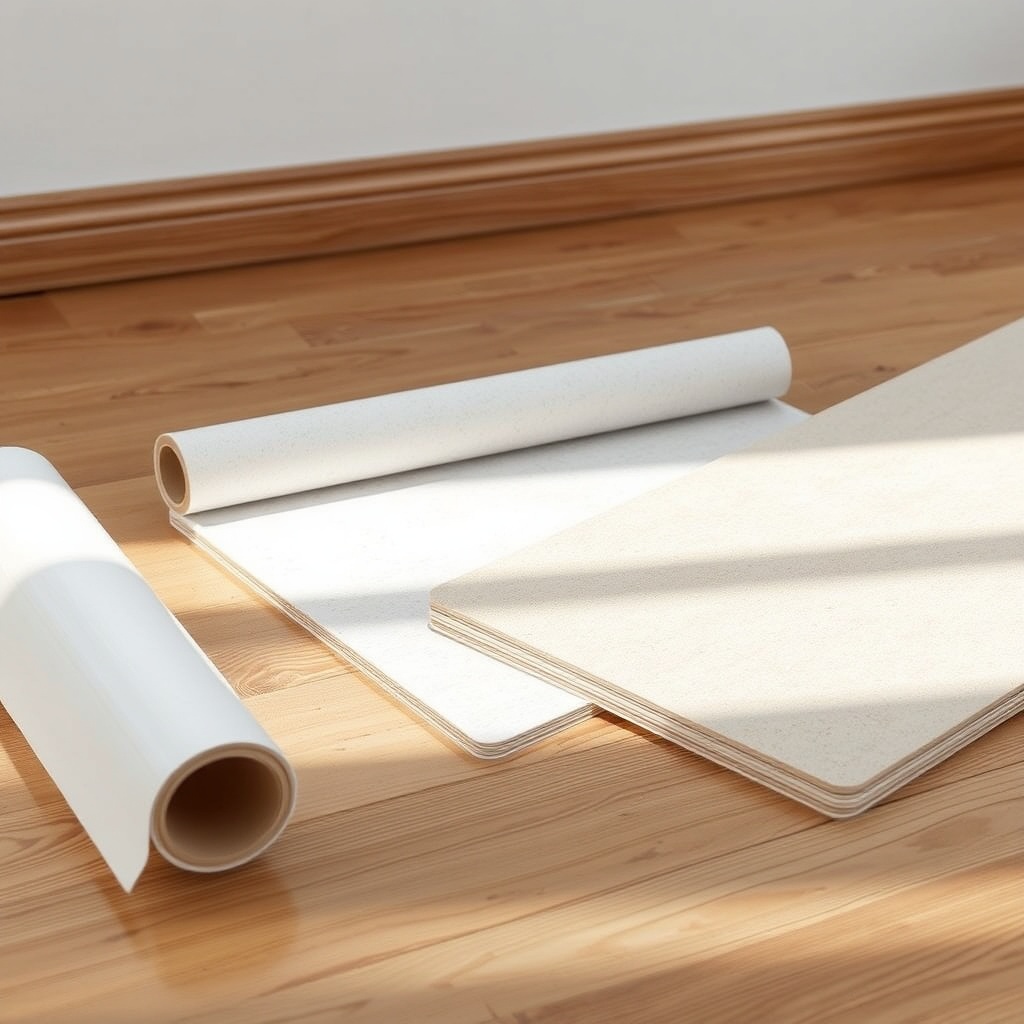 Clean photorealistic photo of İzocam Camyünü roll and rigid board samples laid on a wooden
