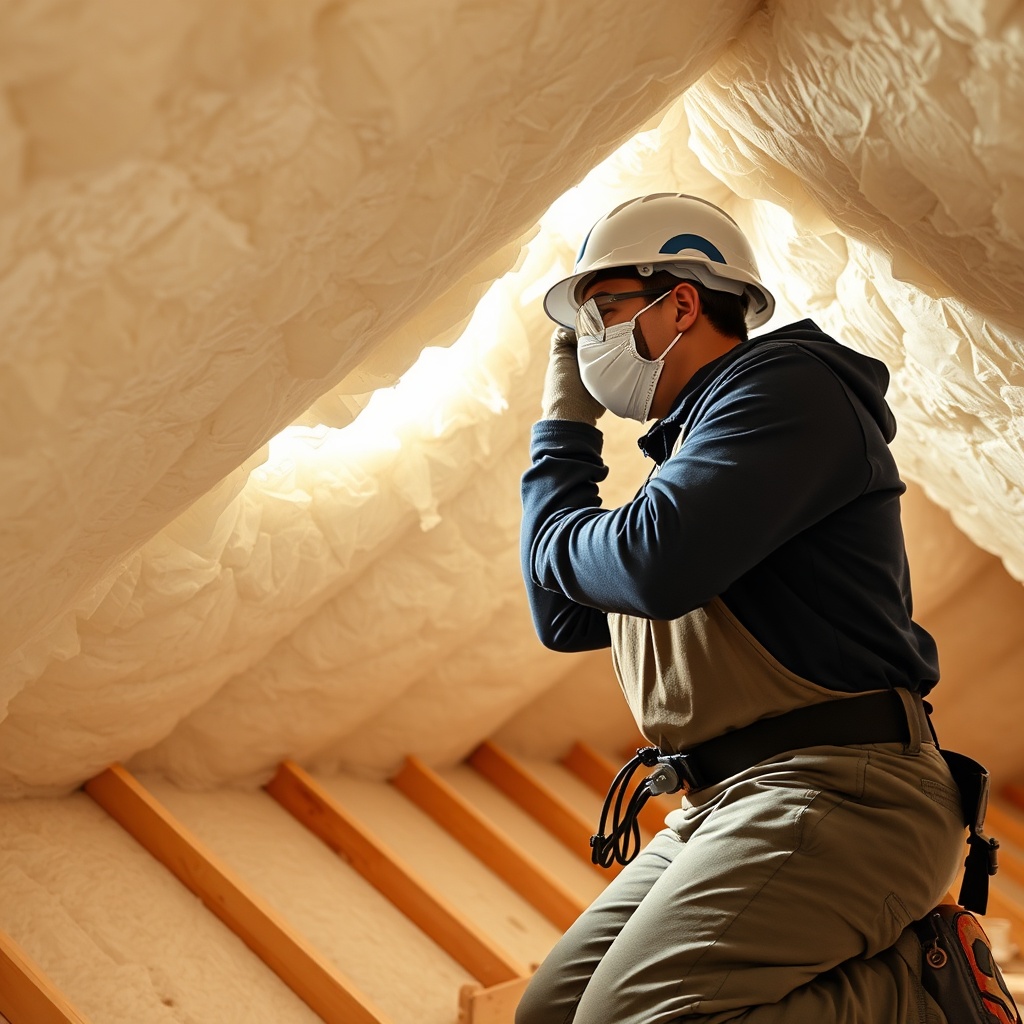 Clean photorealistic photo of a worker installing İzocam Camyünü insulation in an attic
