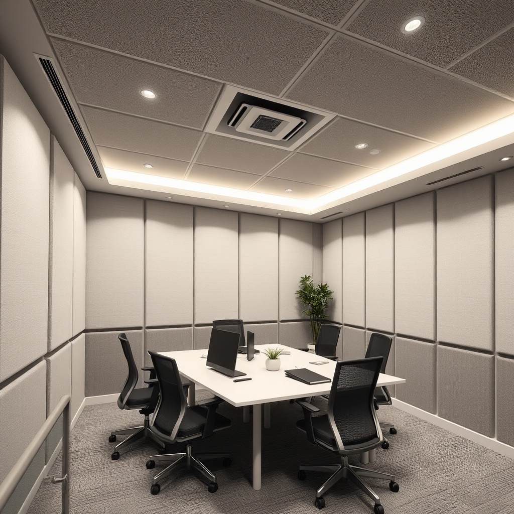 <A photorealistic photo of a soundproofed room with İzocam Camyünü panels on the walls and