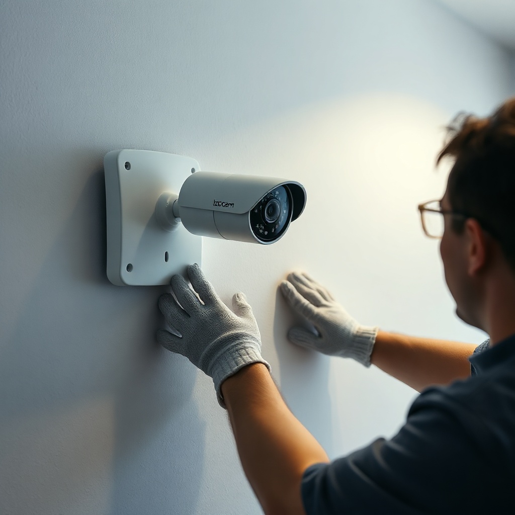 Photorealistic view of Izocam Camyünü being installed on a wall with a worker wearing glov