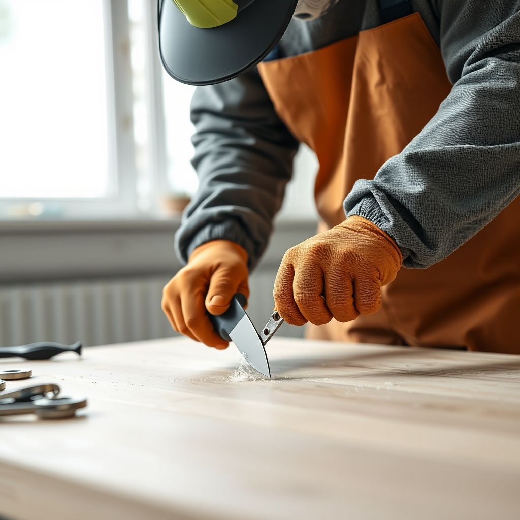 <clean photorealistic photo of a worker in protective gear cutting İzocam Camyünü with a u