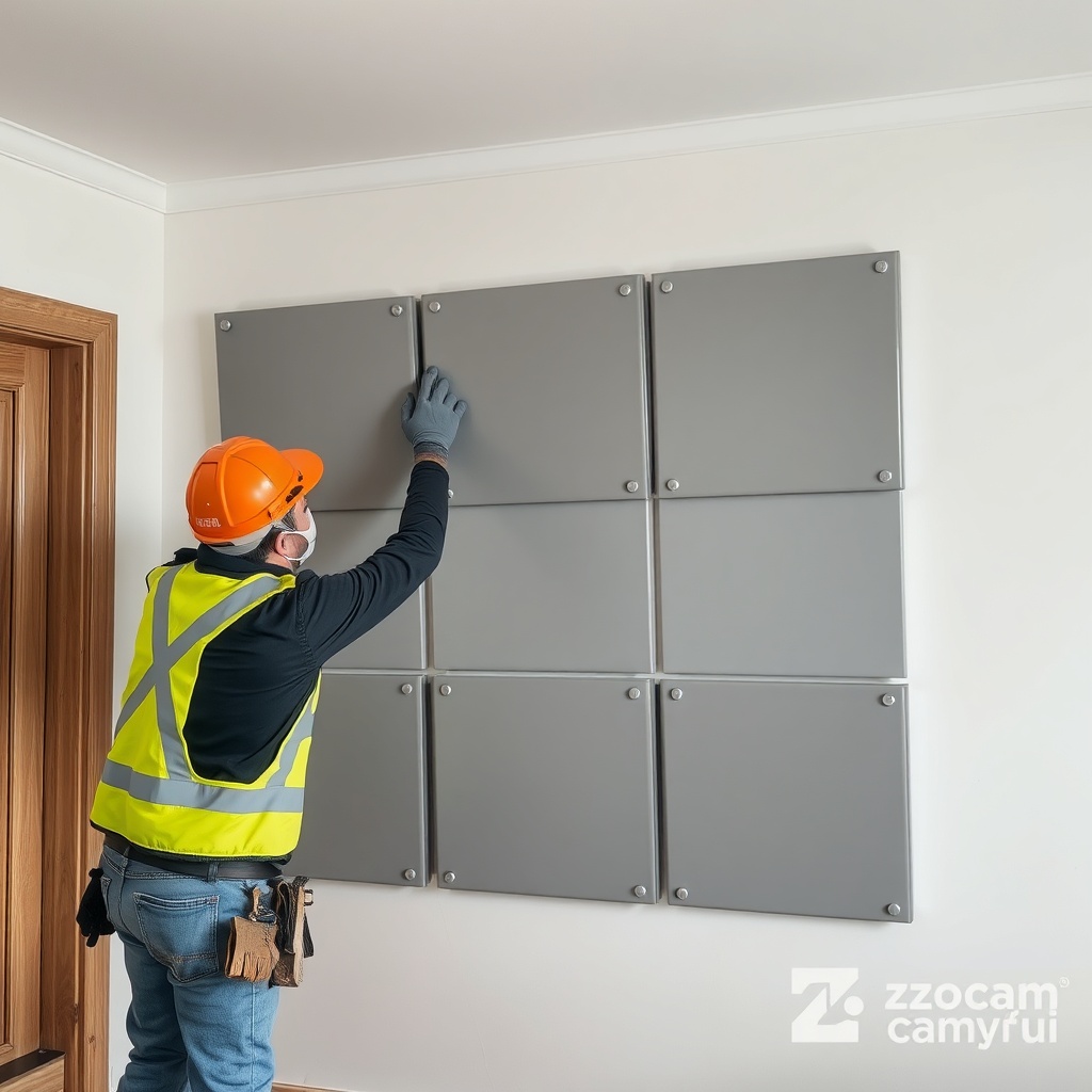 A clean photorealistic photo of İzocam Camyünü panels being installed on a wall in a resid