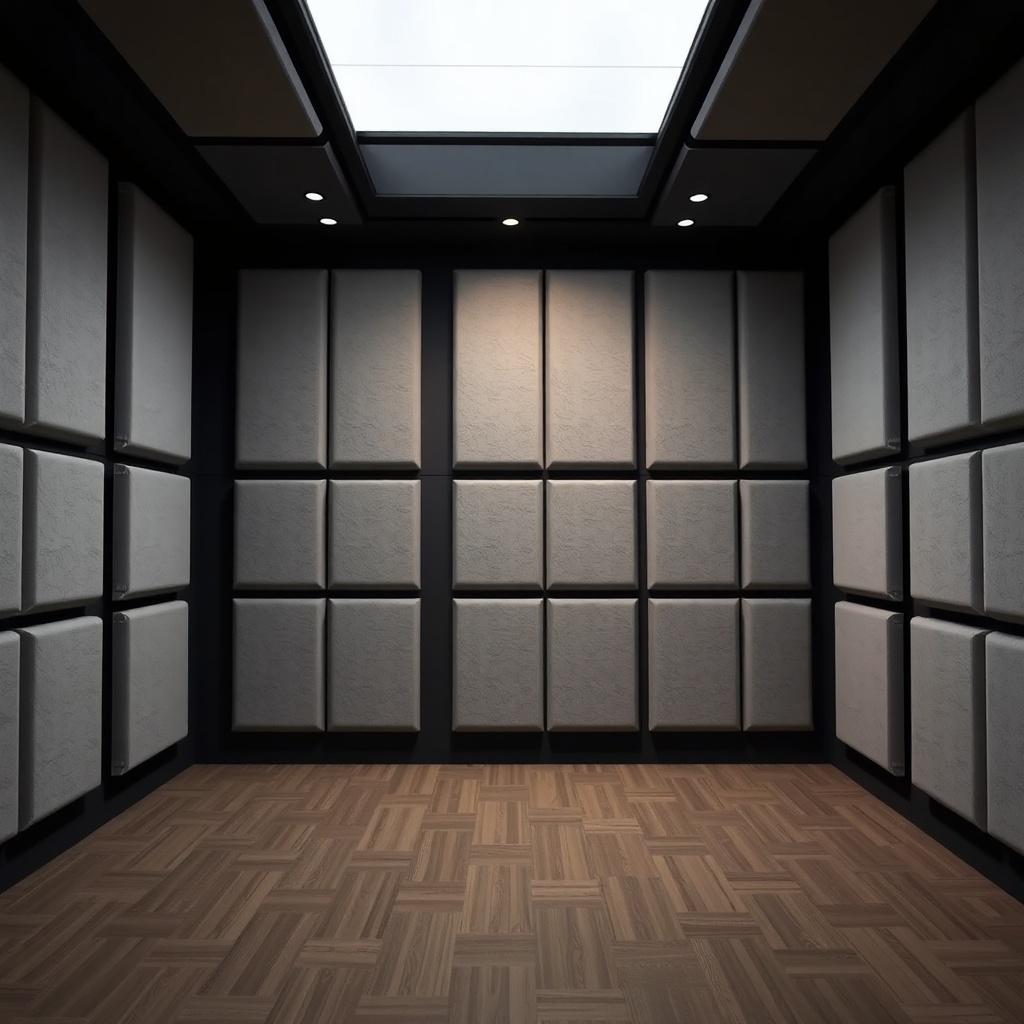 A clean photorealistic photo of an İzocam Camyünü installation in a soundproof studio