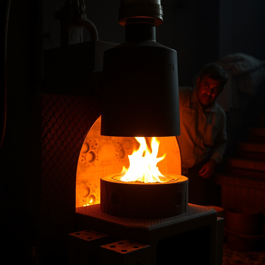 <clean photorealistic photo of İzocam Camyünü being tested in a furnace with flames