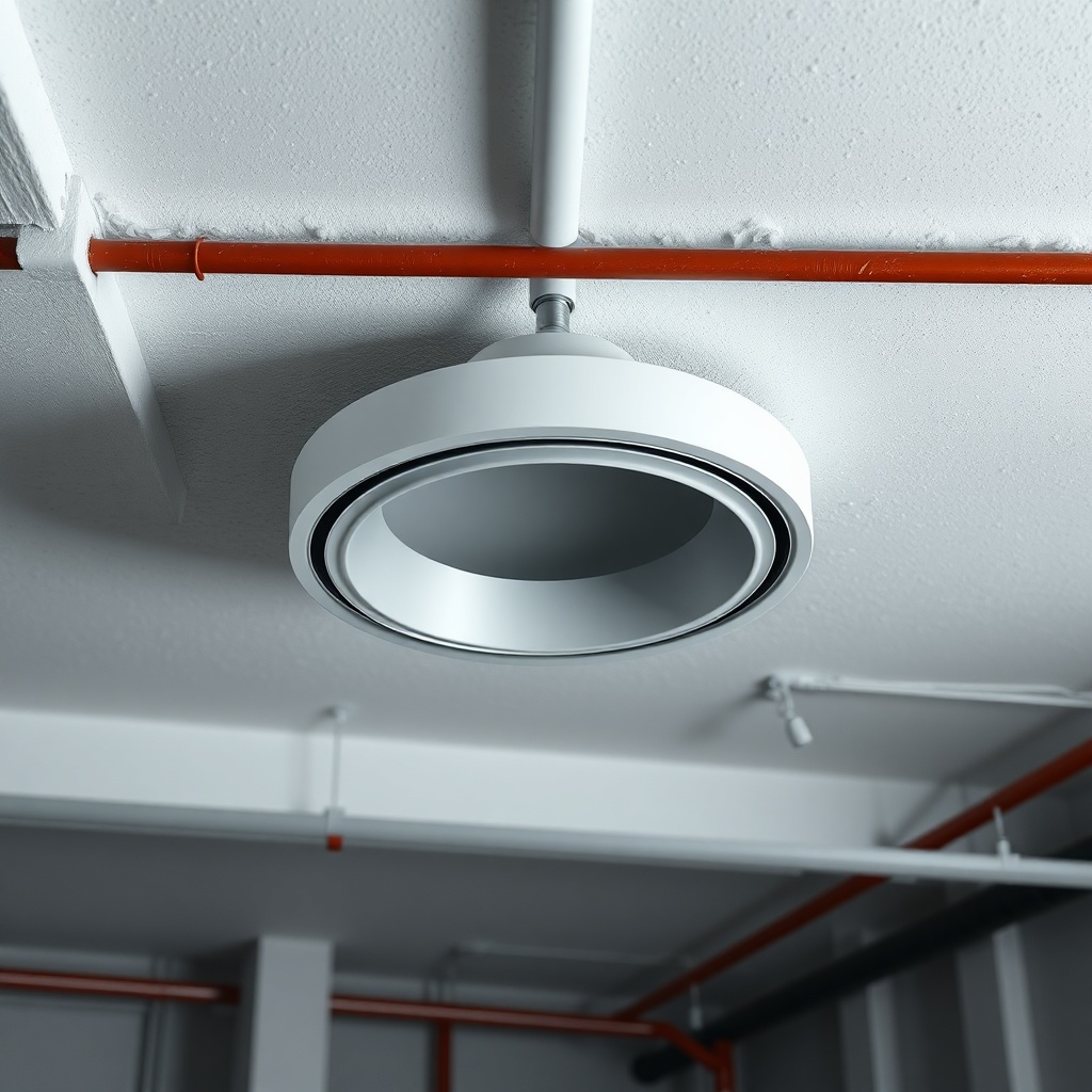 <clean photorealistic photo of İzocam Camyünü applied in an industrial ceiling with fire p