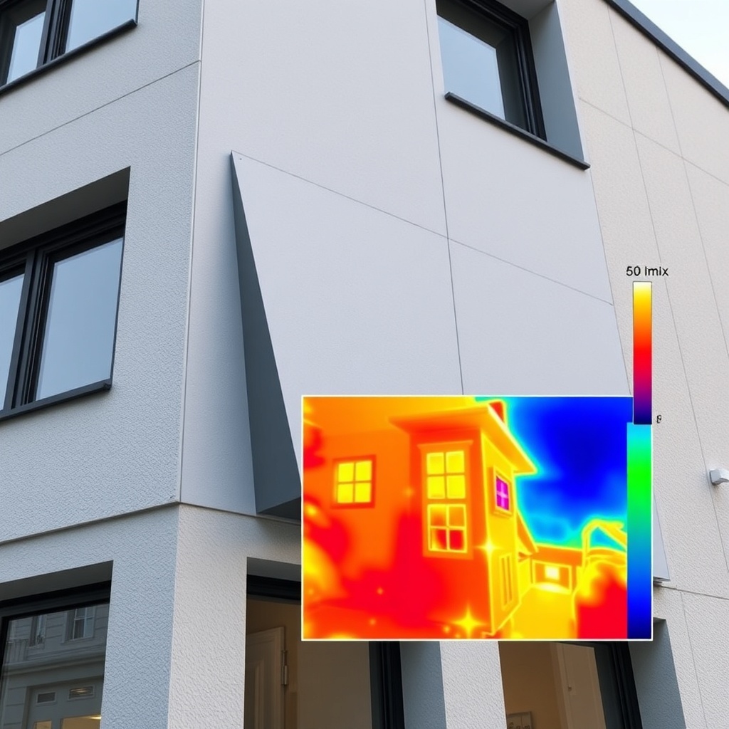 <clean photorealistic photo of a building facade with Knauf Akustik Panels installed