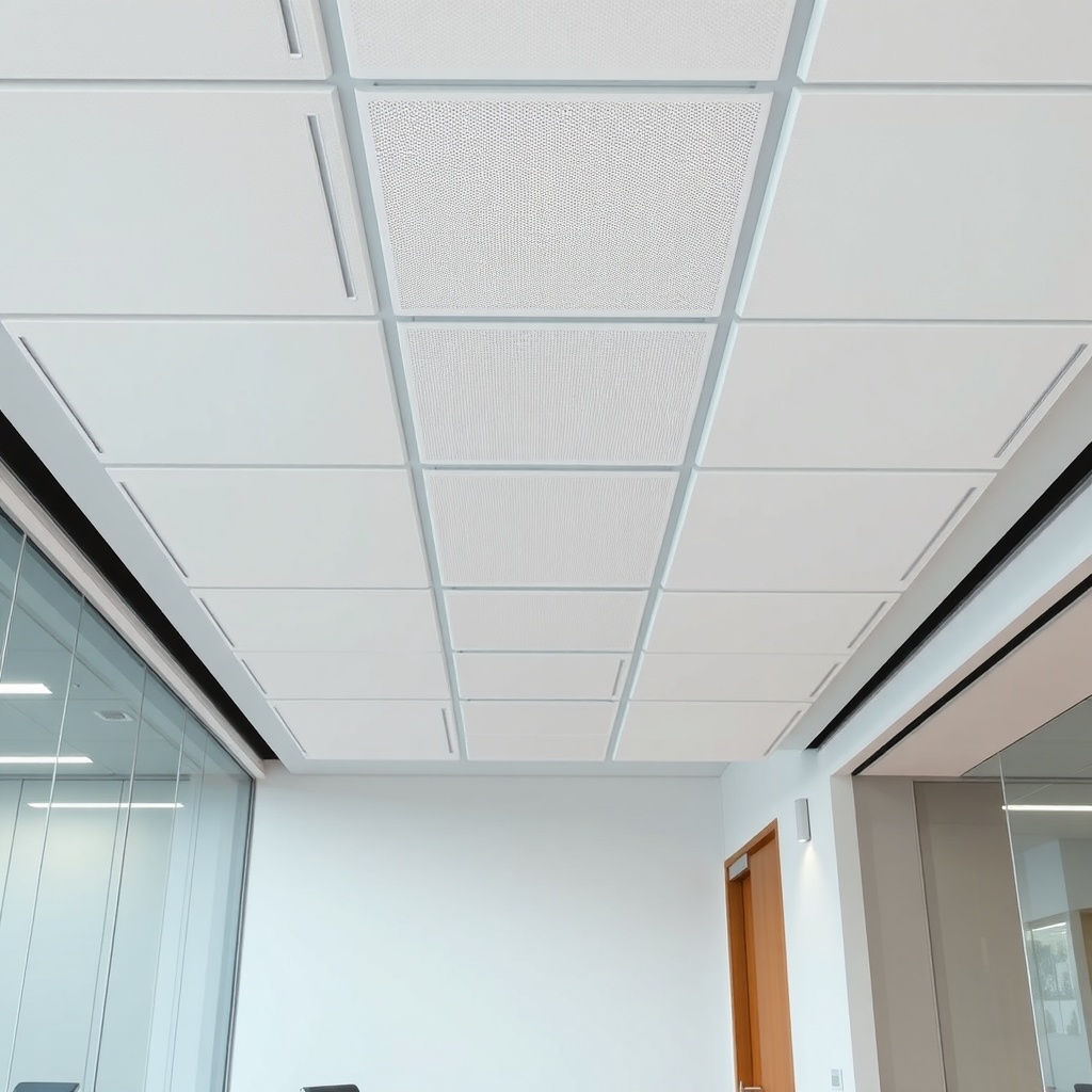 A modern office interior with Knauf acoustic panels mounted on the ceiling and walls