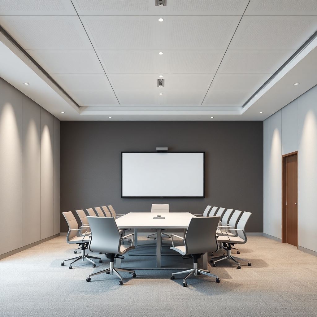 A photorealistic view of a modern conference room with Knauf Akustik Paneller mounted on w