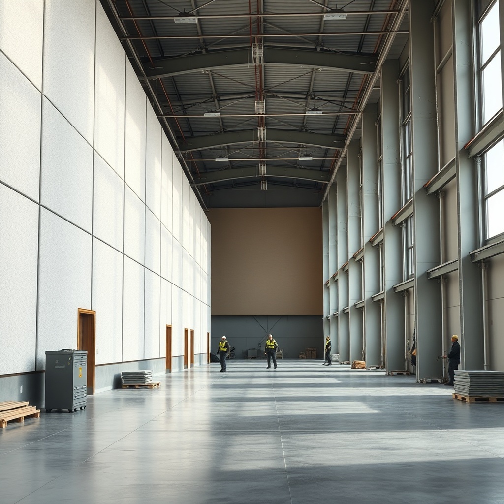 A large industrial hall with Knauf acoustic panels on the walls