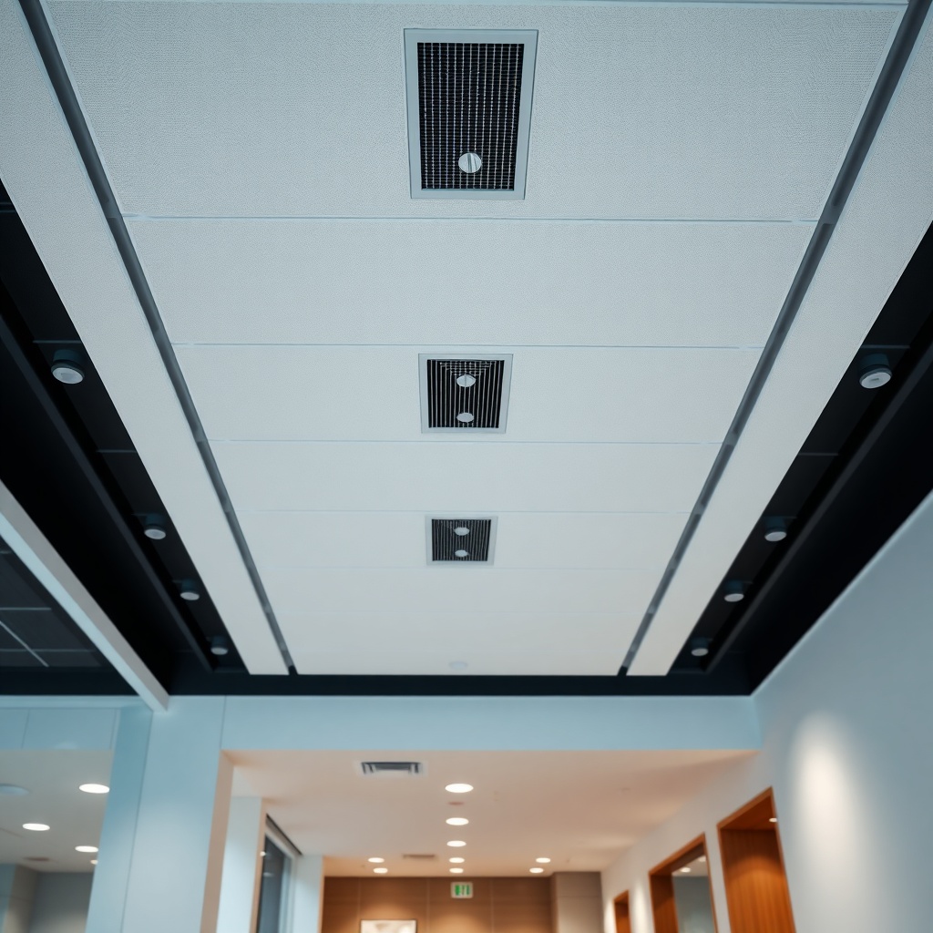 <clean photorealistic photo of a modern office ceiling with Knauf acoustic panels installe