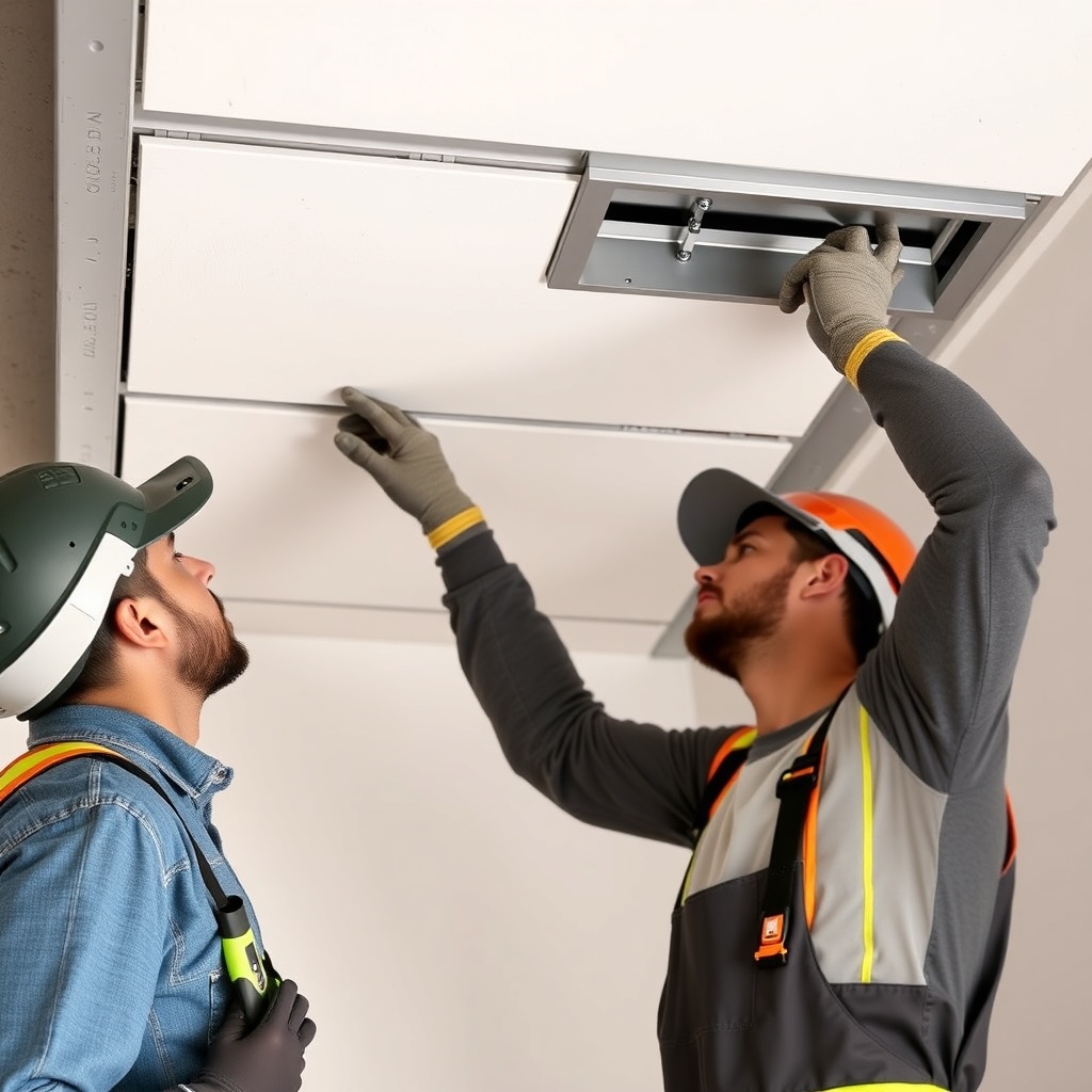 <clean photorealistic photo of a construction worker installing Knauf acoustic panels on a