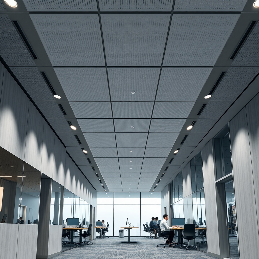 A photorealistic wide shot of a modern office interior with Knauf Akustik Paneller install