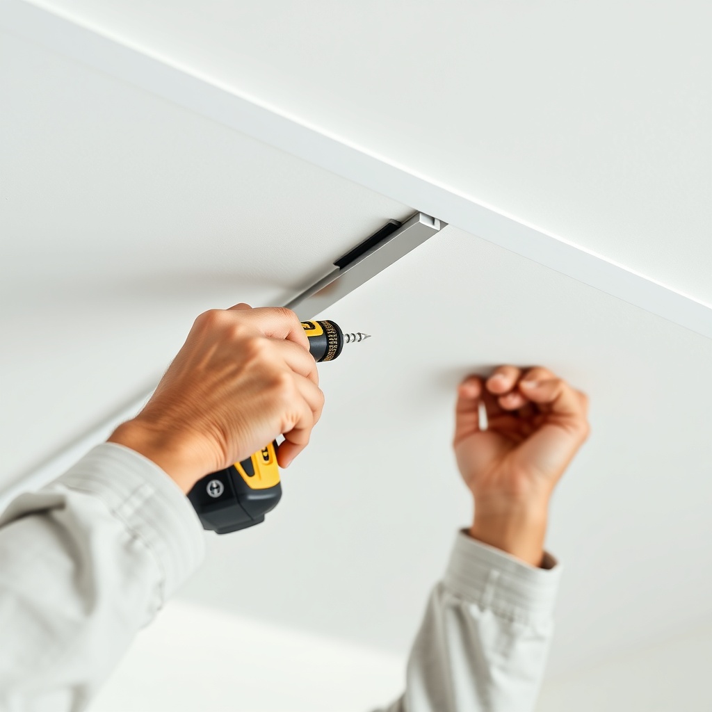 A photorealistic close-up of a professional installer fitting Knauf Akustik Panel onto a c
