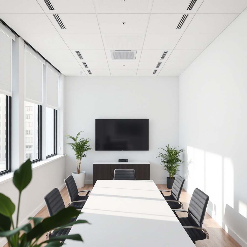 A clean photorealistic photo of a modern office meeting room with white Knauf acoustic pan