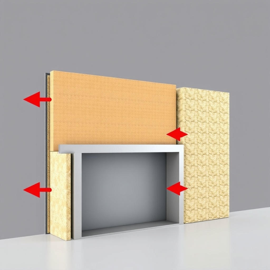 A photorealistic illustration of a cross-section wall assembly showing a Knauf acoustic pa