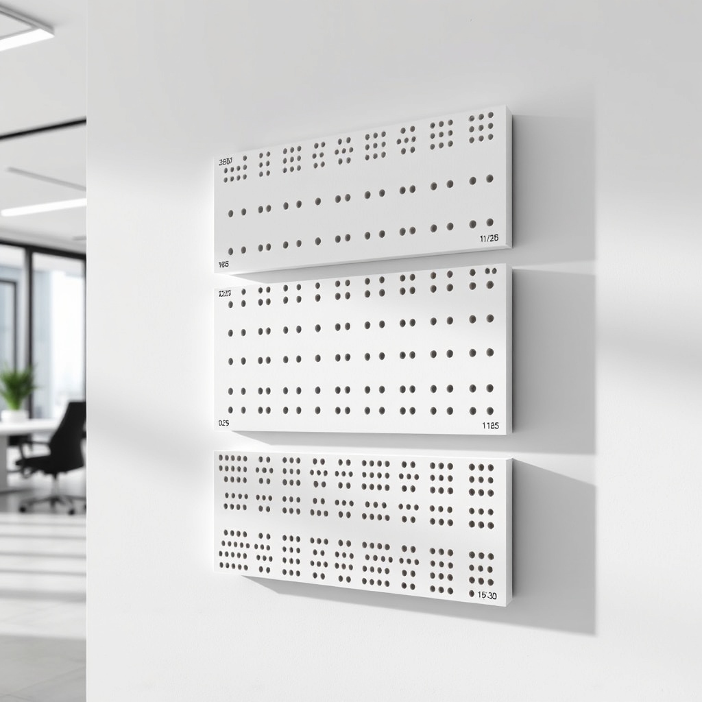 Photorealistic close-up of three stacked Knauf Cleaneo Akustik panels in a modern office