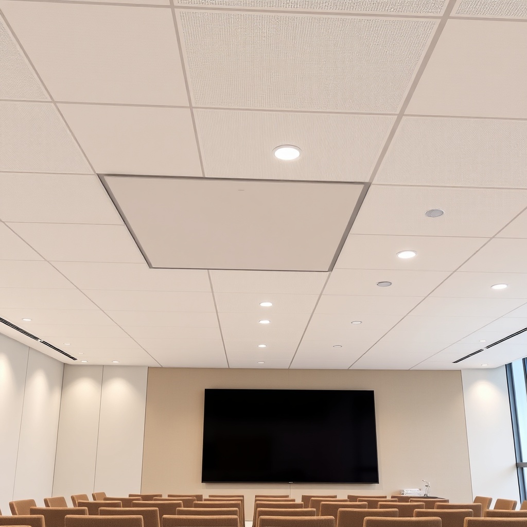 Photorealistic image of a large conference room ceiling covered with Knauf Slotline Akusti